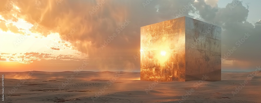Surreal landscape with a metal cube in the desert Surreal landscape with a metal cube in the desert