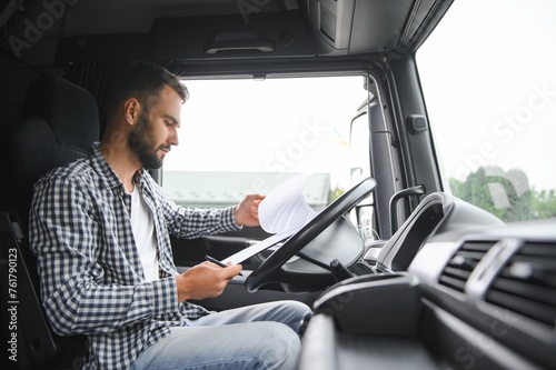 Logistics, delivery car and man with clipboard paperwork or checklist for stock, product distribution or shipping info. Supply chain industry, courier service and happy van or truck driver working.
