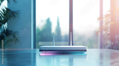 Tabletop with a modern white router for home Internet and television networks, online communications against the background of a light home interior with neon lighting and copy space