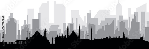 Black cityscape skyline panorama with gray misty city buildings background of ISTANBUL  TURKEY