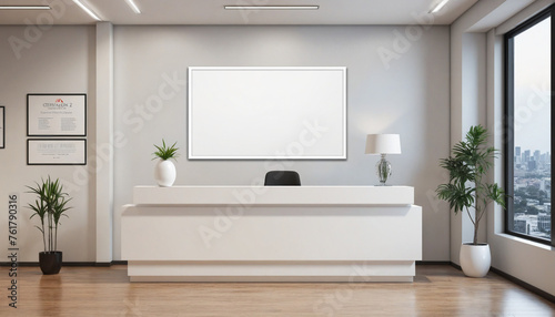 corporate branding white blank frame mockup with modern business offices reception background 