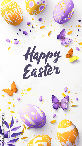 Vertical Easter frame background with lilac and yellow Easter eggs and butterflies with the congratulatory text Happy Esster in the center on a light background.