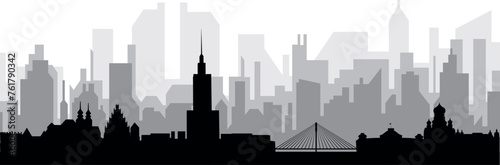 Black cityscape skyline panorama with gray misty city buildings background of WARSAW, POLAND