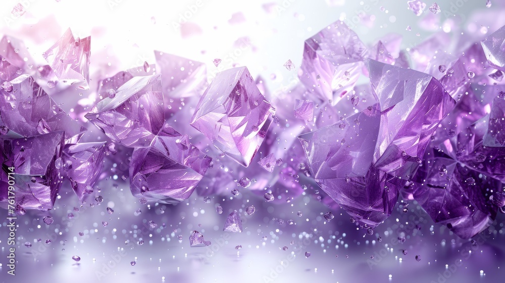 a close up of a bunch of purple crystals on a white and purple background with drops of water on the glass. a close up of a bunch of purple crystals on a white and purple background with drops of water on the glass.