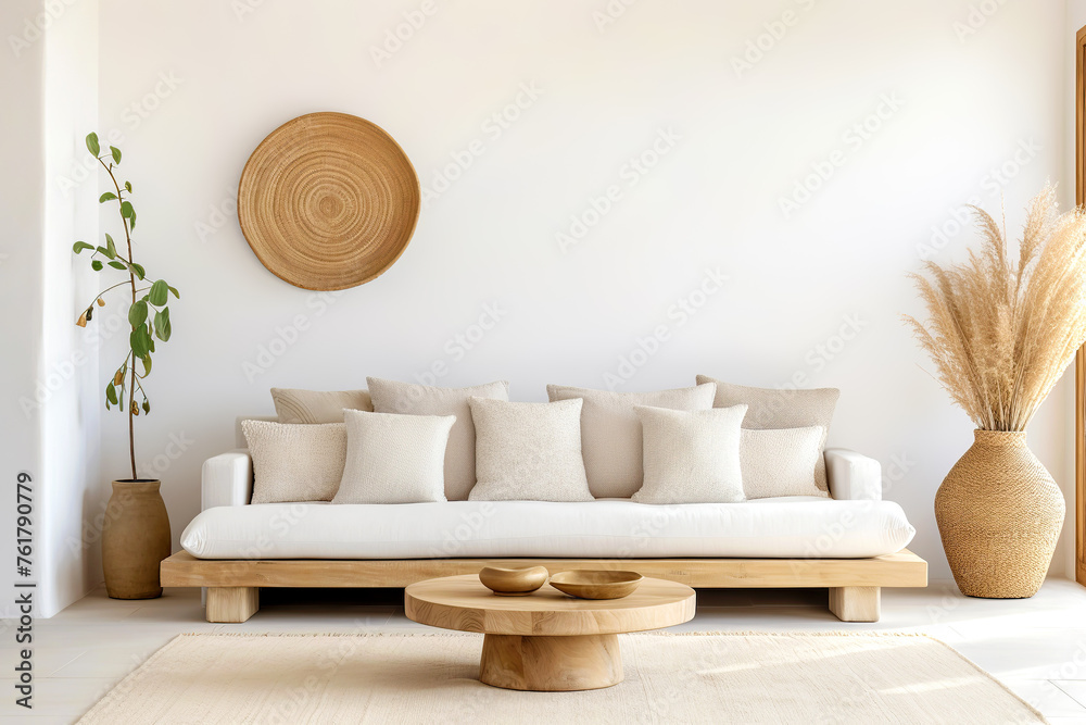 Boho, farmhouse, country interior design of modern living room, home. Wicker vase with papmas grass near white sofa against white wall with rustic decor and copy space. - obrazy, fototapety, plakaty 