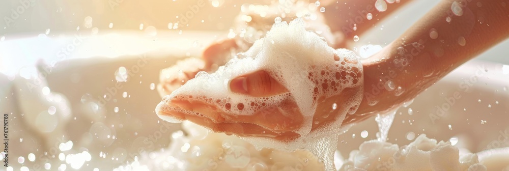 Washing Hands with Soap Closeup. Woman Wash her Palms, Soapy Arms, Washing Hands - obrazy, fototapety, plakaty 