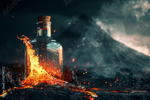 Volcanic Eruption in a Closed Glass Bottle, an Erupting Volcano with Lava Flows