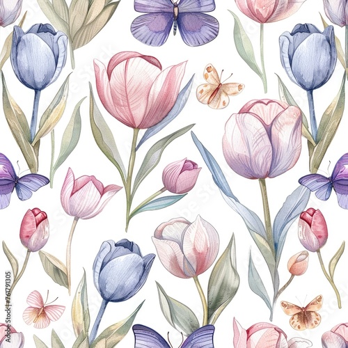 Seamless watercolor pattern with tulip blooms and butterflies