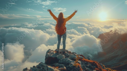 Woman Standing on Top of Mountain With Outstretched Arms photo