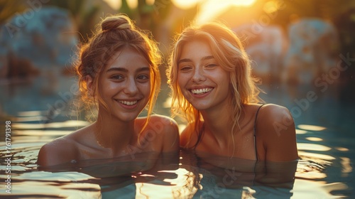 Two Beautiful Young Women Sitting in a Swimming Pool