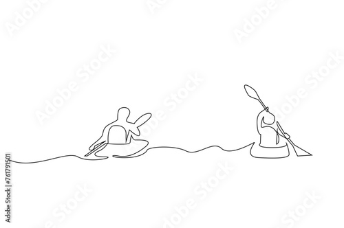 kayak canoe boat people sport together activity outdoor one line art design vector