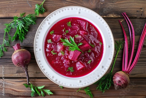 Flat lay of bowl of beet root soup borsch on wooden table photo