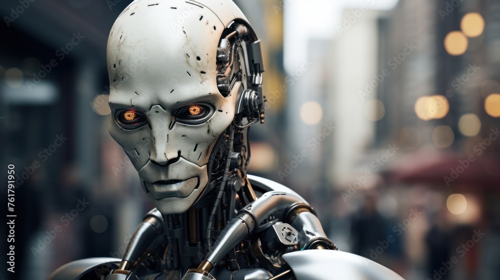 A humanoid robot with human features and artificial intelligence stands on a city street, Artificial intelligence and technology concept. A humanoid robot with human features and artificial intelligence stands on a city street, Artificial intelligence and technology concept.