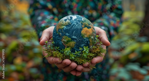 Person holding a globe covered in moss resembling military camouflage pattern