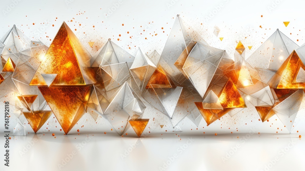  a group of orange and white origami like objects on a white surface with orange and gold sprinkles.