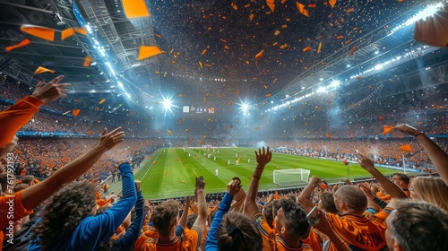 Woman Holding Orange and White Flag in Stadium