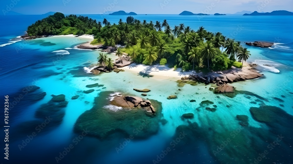 Aerial view of beautiful tropical island with palm trees and turquoise sea.