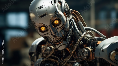 Photo of a steel-colored AI robot head. Artificial intelligence and technology concept.