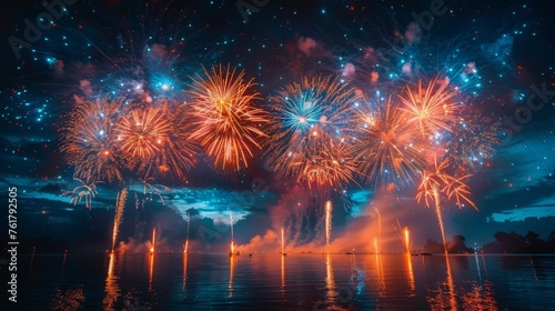 Vibrant Fireworks Display Reflecting on Water