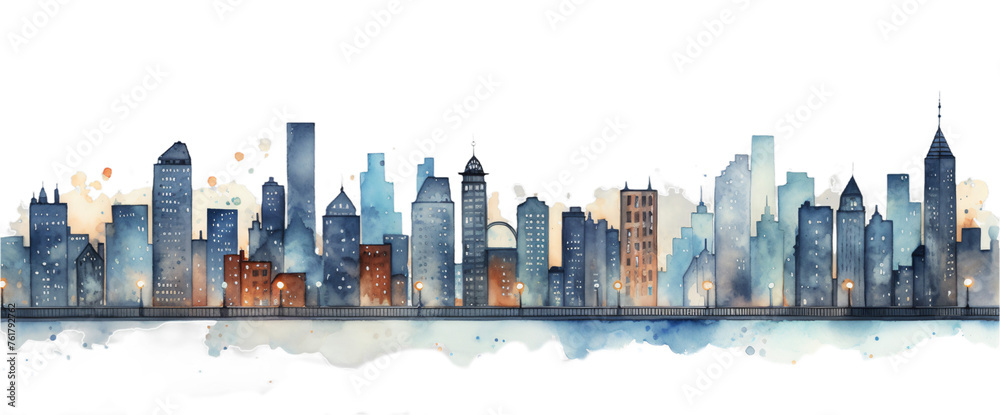 An artistic representation of a cityscape, blending watercolors and silhouettes