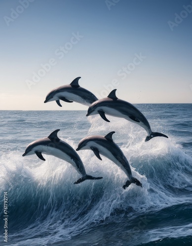 Four dolphins gracefully leap over a cresting wave, silhouetted against the serene blue sea. The scene captures the playful spirit and dynamic grace of marine life.