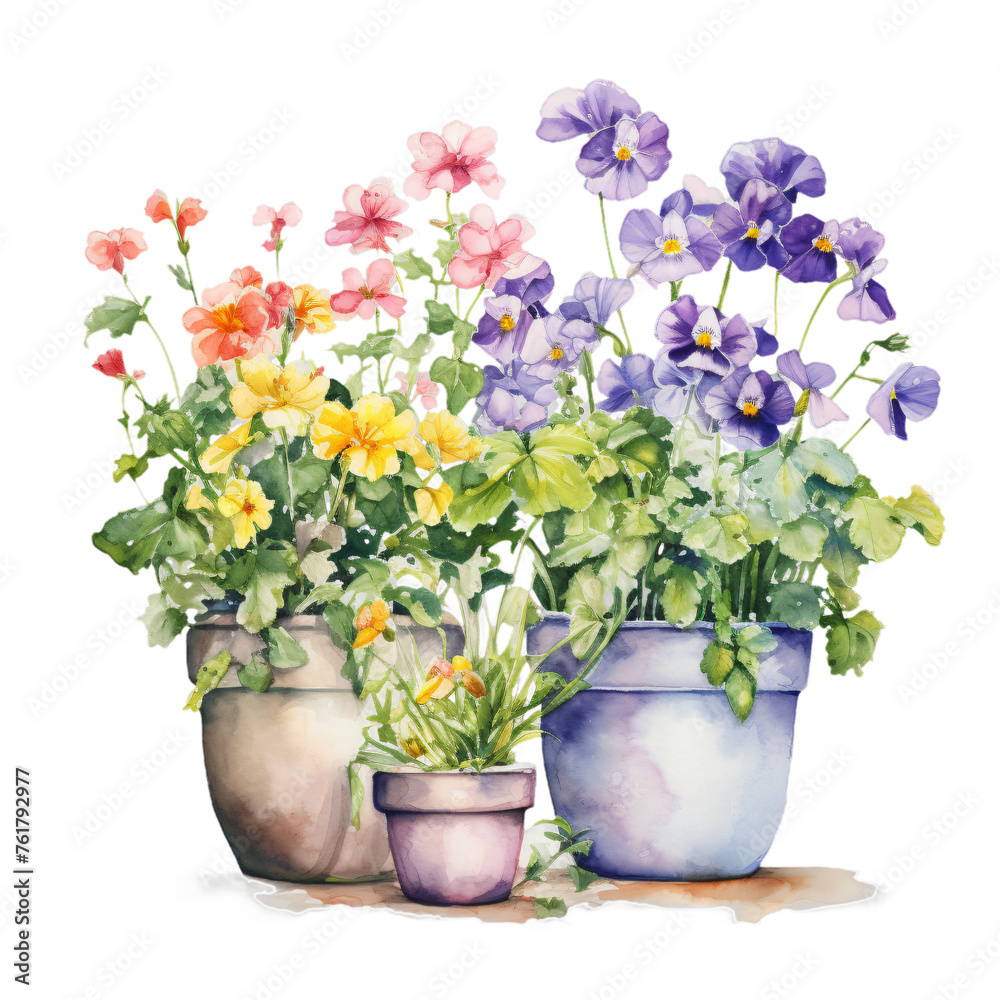 Artistic representation of blooming flowers in pots, painted with watercolors