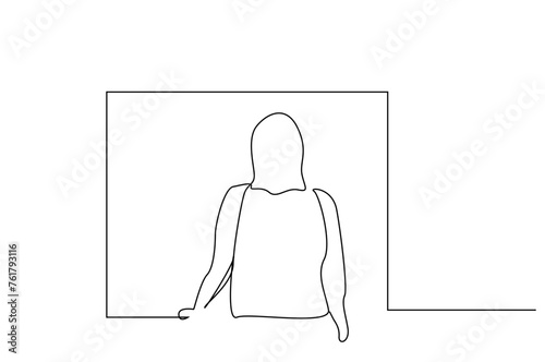 lonely mature woman looking out the window back view one line art design vector