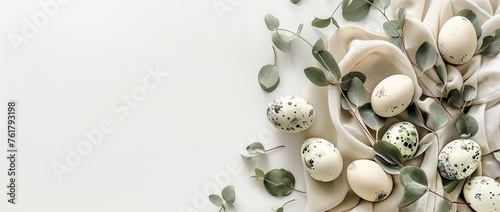 Happy Easter banner with easter eggs in nest and spring flowers.Nature eco  Easter background with copy space. Flat lay,easter banner,happy easter background,easter zero waste,eco friendly