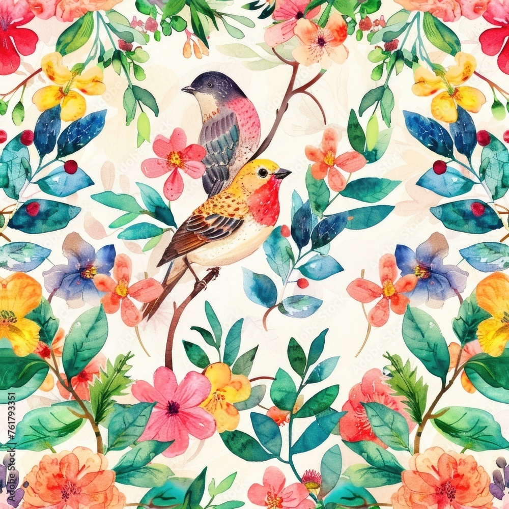 Fototapeta premium Seamless watercolor pattern adorned with birds and floral elements