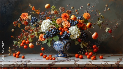  a painting of a vase filled with lots of flowers and fruit on a table next to a window sill.
