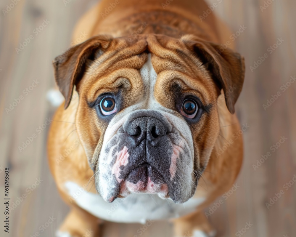 Attentive English Bulldog in Center of the Frame. Adorable Domestic Breed with Curious and Cute Brown Eyes Attentive English Bulldog in Center of the Frame. Adorable Domestic Breed with Curious and Cute Brown Eyes