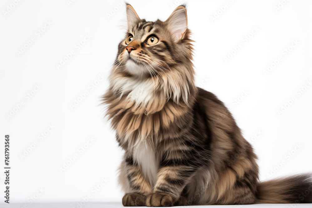 A beautiful grey and brown persian cat sitting on a white background