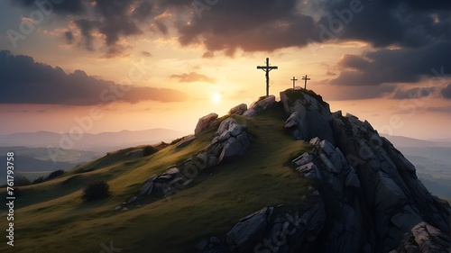 Concept of Calvary and Resurrection: Robe and Crown of Thorns on a Hill at Dusk