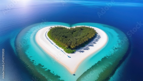 Aerial view of a tropical island in the shape of a heart. Vacation at sea. Sea cruise © Sarbinaz Mustafina