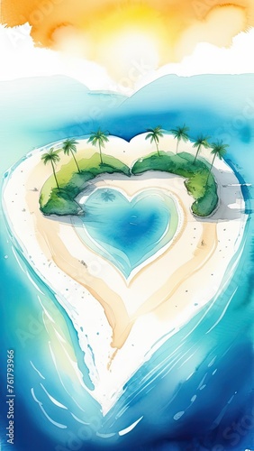 Tropical beach in heart shape with palm trees. Watercolor illustration. Vacation at sea. Sea cruise