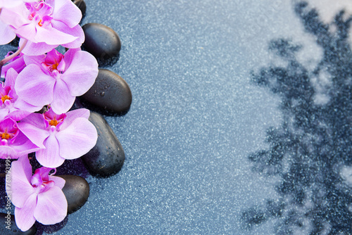 Black spa stone and pink orchid flowers on the gray table background.