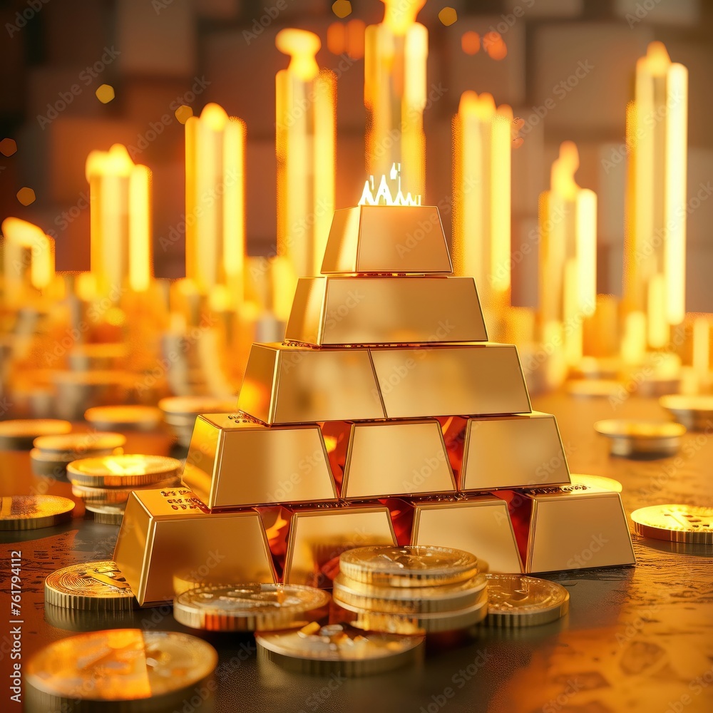 Financial graph burning behind gold bars coin backdrop Financial graph burning behind gold bars coin backdrop