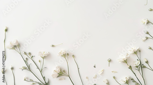 Floral border frame made Lisianthus flowers on white background with copy space for women's Day, mothers day, valentine's day. Flat lay, Top view. photo