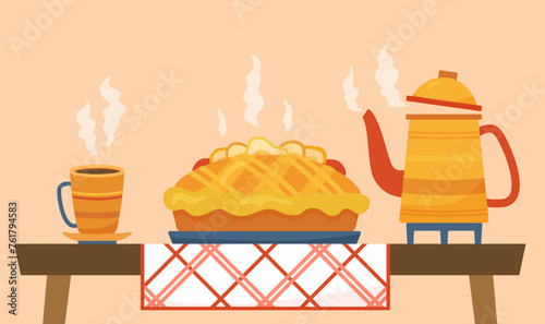Flat tea party concept with pear pie on checkered tablecloth. Vector illustration of tea time with hot cup and teapot. Cartoon image on textured background with tasty bakery for advertising or banner