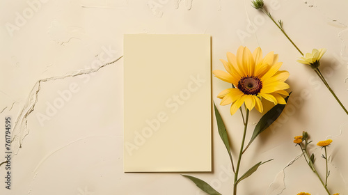 Minimal composition with white blank card and mini sunflowers flowers on a marble background. Mockup with blank card. Flat lay. Top view. 