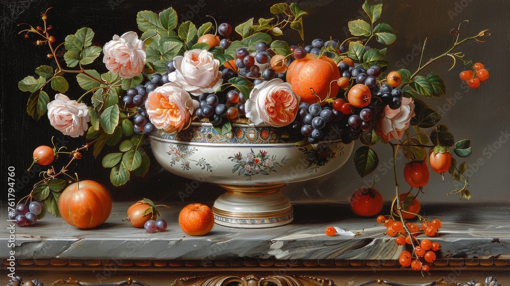  a painting of oranges, grapes, and roses in a white bowl on a table with other fruit on it.