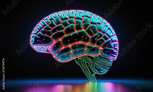 An artistic representation of a brain with neon circuitry highlights the intersection of technology and human intellect. This vibrant image symbolizes the futuristic vision of artificial intelligence photo