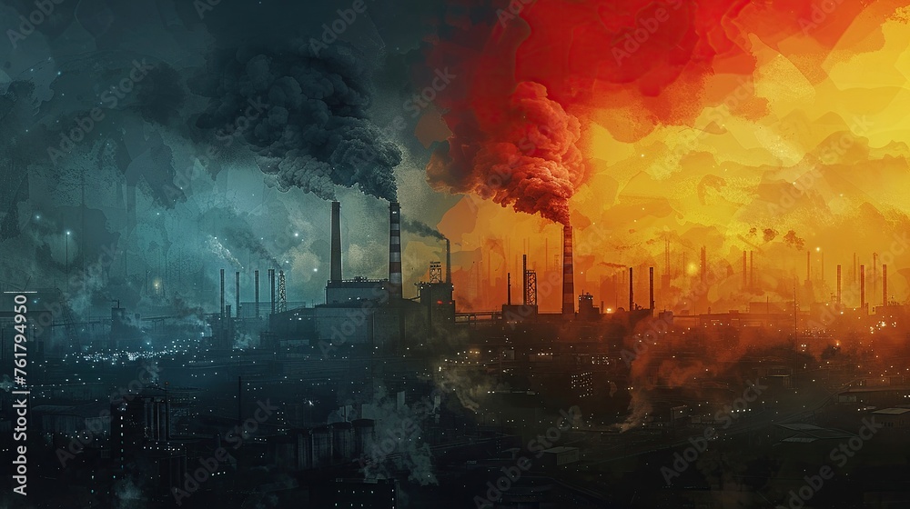 Pollution in industrial factories during the day and at night