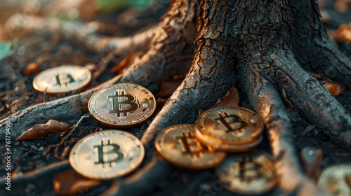 A tree with roots and a pile of Bitcoins on the ground photo