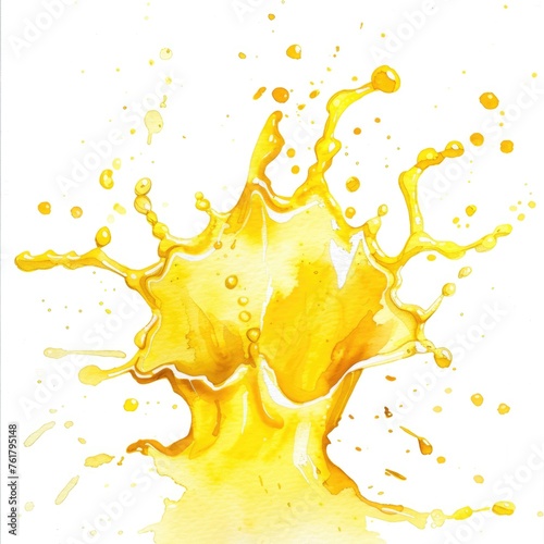 Hand Drawn Watercolor Illustration of Yellow Liquid Splash with Drops. Isolated on White Background