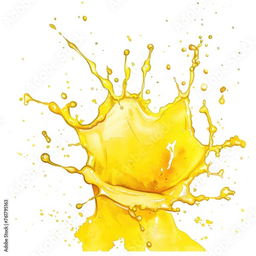 Hand Drawn Yellow Liquid Splash with Drops and Streams. Watercolor Illustration Isolated on White Background
