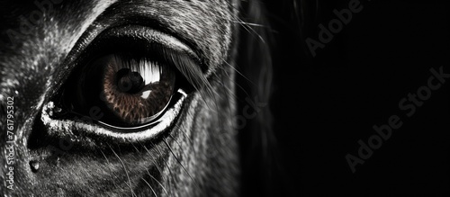 A closeup of a horses eye in black and white, showcasing its eyelashes, wrinkles, and the beauty of monochrome photography in capturing the emotion of this terrestrial working animal in darkness © 2rogan