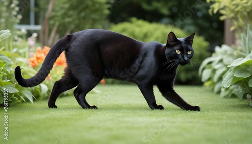 A Sleek Black Cat Prowling Through The Garden