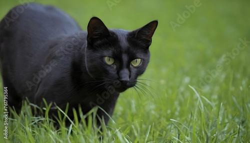A Sleek Black Cat Prowling Through The Grass