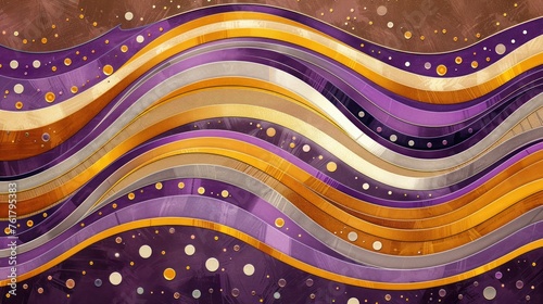 a painting of purple, gold, and white wavy lines and dots on a brown background with gold and white dots.